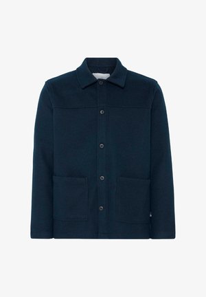 Donker marineblauwe jas van een wol-mix stof, met een kraag, knoopsluiting en twee voorkeurszakken. Eenvoudig ontwerp zonder zichtbare patronen.