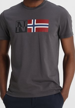 Szara bawełniana koszulka z nadrukiem przedstawiającym czarną literę "N" oraz czerwoną flagę norweską z niebieskimi i białymi akcentami. Krótkie rękawy, okrągły dekolt.