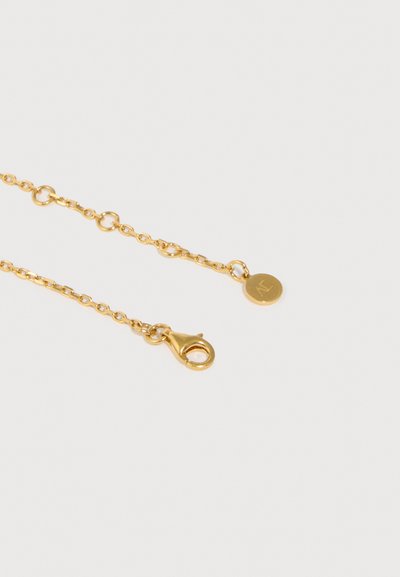 Collar de cadena de oro con cierre de langosta y eslabones ajustables, que presenta un pequeño colgante redondo con iniciales grabadas.