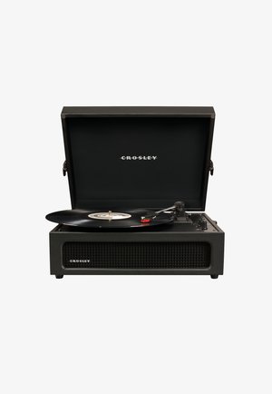 Black turntable with a textured finish, wooden body, open lid, vinyl record on the platter, brand name "Crosley" on the front.