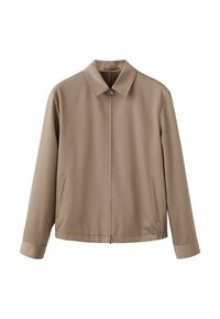 Giacca zip-up color sabbia realizzata in tessuto morbido, dotata di colletto, due tasche laterali e polsini elasticizzati per una vestibilità su misura.