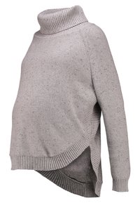 Hellegrauer, grob gestrickter Pullover mit einem hohen, gerippten Rollkragen, seitlichen Schlitzen und einer lockeren Passform, der ein strukturiertes, gesprenkeltes Muster aufweist.