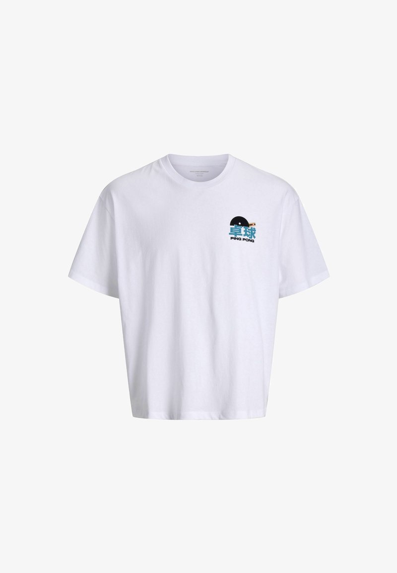 Biała bawełniana koszulka z okrągłym dekoltem, krótkimi rękawami oraz nadrukiem o tematyce ping-ponga na lewej stronie klatki piersiowej.