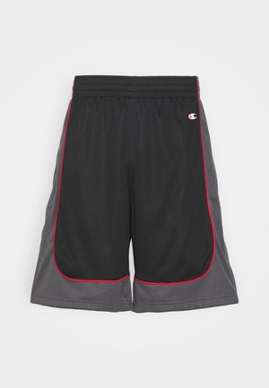 Černé atletické šortky z průhledné síťoviny s červenými akcenty a šedým bočním panelem. Elastický pás pro nastavitelnou velikost. Logo Champion na levé straně.