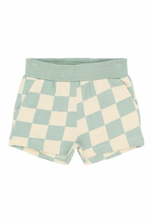 Grüne und cremefarbene karierten Shorts mit einem elastischen Bund, Seitentaschen und einer weichen Baumwolltextur. Einfaches, lässiges Design.