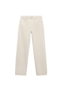 Jeans bej, cu picioare largi, din bumbac. Prezintă un design clasic cu cinci buzunare, închidere cu buton și fermoar frontal. Textură netedă, fără modele.