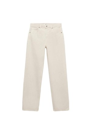 Jeans bej, cu picioare largi, din bumbac. Prezintă un design clasic cu cinci buzunare, închidere cu buton și fermoar frontal. Textură netedă, fără modele.