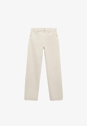 Jeans bej, cu picioare largi, din bumbac. Prezintă un design clasic cu cinci buzunare, închidere cu buton și fermoar frontal. Textură netedă, fără modele.