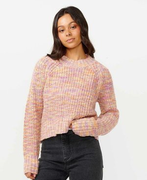 Maglione lavorato a maglia in tonalità pastello di rosa e arancione, con orlo corto, texture a costine e maniche lunghe.