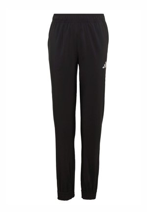 Pantalones deportivos negros con cintura y puños elásticos, con un pequeño logo blanco en la parte superior del muslo izquierdo.