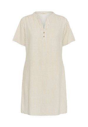 Vestido a rayas de color beige claro con mangas cortas, cuello mao y tres botones en el escote. Confeccionado en una tela suave.