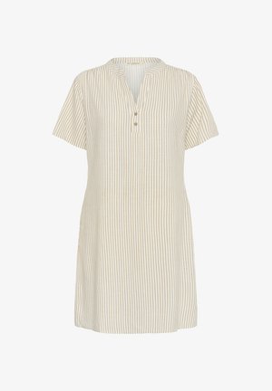 Różowa w beżowe paski sukienka z krótkimi rękawami, kołnierzykiem mandaryńskim i trzema guzikami przy dekolcie. Wykonana z miękkiego materiału.