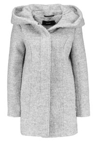Cappotto grigio in misto lana con un ampio cappuccio, chiusura a bottoni, dettagli di cucitura verticali e maniche lunghe. Texture morbida con un motivo uniforme.