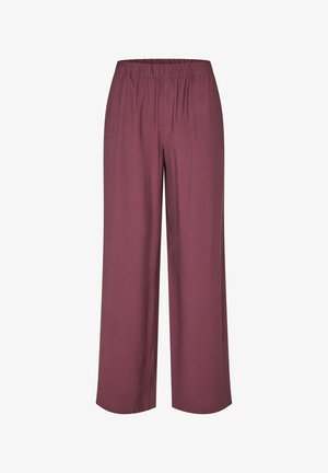 Pantalones de corte suelto y pierna recta en color ciruela apagado con cinturilla elástica, fabricados en tela ligera.