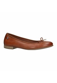Brown leather ballet flat with a rounded toe, featuring a decorative bow on the front and a small, textured heel. Silver accent on the side.