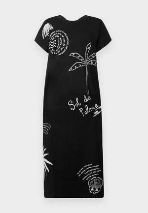 Schwarzes Baumwollkleid mit kurzen Ärmeln, das weiße Illustrationen von Palmen und Muscheln sowie dekorative Texthighlights in verschiedenen Schriftarten zeigt.