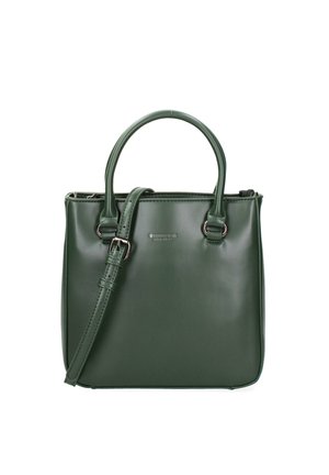 Groene faux leren handtas met dubbele top handvaten en een afneembare schouderriem. Kenmerkt zich door een gladde textuur en metalen hardware accenten.