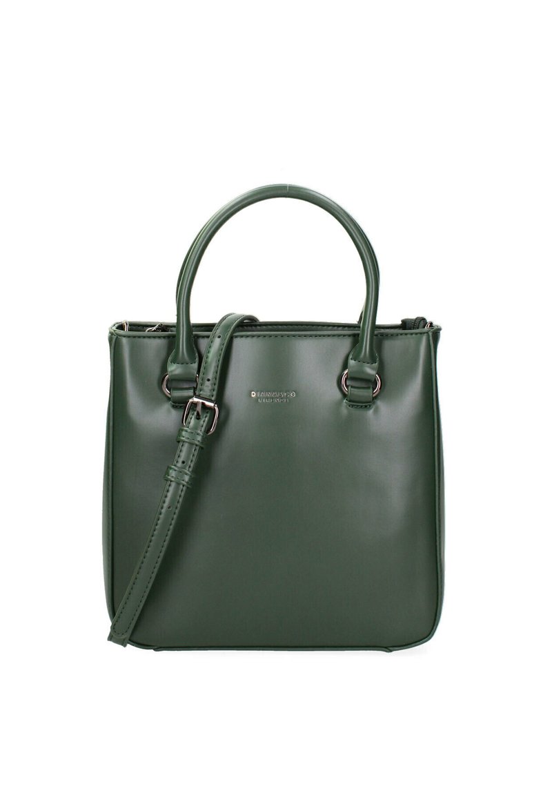 Borsa a mano in ecopelle verde con doppi manici superiori e tracolla removibile. Presenta una texture liscia e dettagli in metallo.