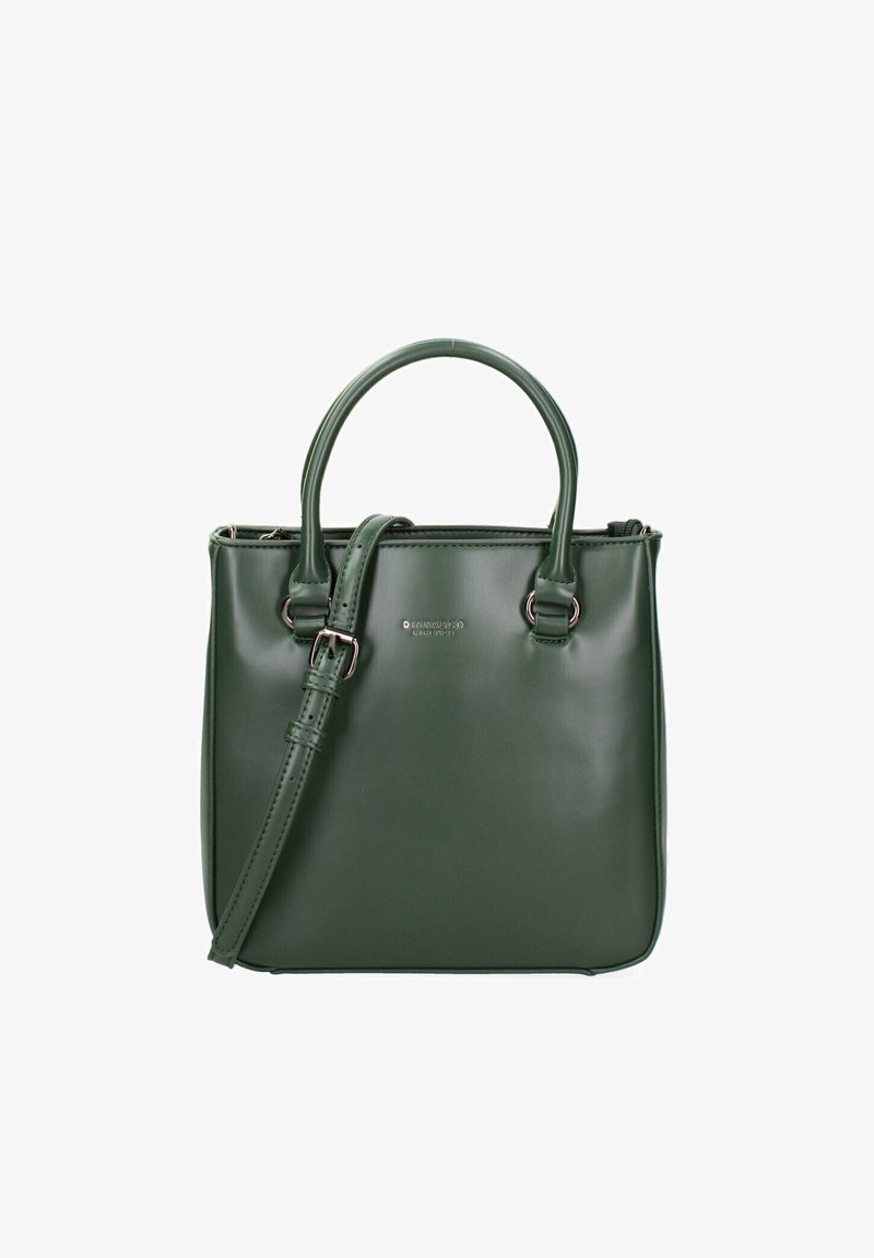 Sac à main en simili cuir vert avec doubles anses supérieures et une bandoulière amovible. Il présente une texture lisse et des accents en métal.