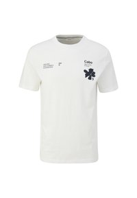 Biała bawełniana koszulka z krótkim rękawem, z granatowym wzorem kwiatowym i elementami tekstowymi na górze po lewej stronie. Luźny krój.