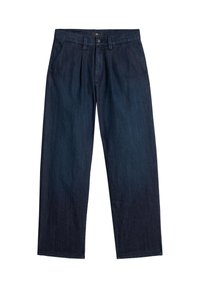 Pantaloni in denim blu scuro con vestibilità comoda, caratterizzati da chiusura con bottoni, passanti per cintura e tasche. Tessuto liscio con una leggera brillantezza.