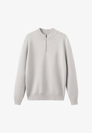 Svetlo sivi pulover z dolgimi rokavi, z rebrastim ovratnikom, manšetami in spodnjim robom ter kratkim sprednjim zadrgo, ki sega od izreza na vratu.