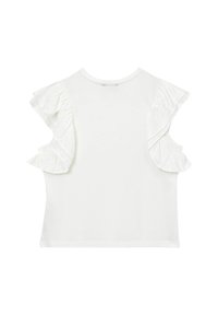 T-shirt bianco a maniche corte con dettagli arricciati su ogni spalla. Design semplice con un classico collo rotondo e texture morbida.