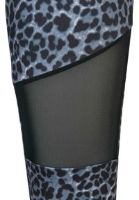 Tights med et grått leopardmønster og svarte nettingpaneler. Teksturert stoff med kontrasterende seksjoner for pusteevne.