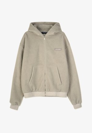 Light gray fleece hoodie with a front zipper, two front pockets, and elastic cuffs. Features a small branded patch on the left chest.