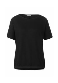 Černý krátký rukáv top s kulatým výstřihem, vyrobený z texturované tkaniny. Jednoduchý design, rovný střih a žádné viditelné vzory či akcenty.