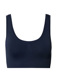Mørkeblå sømløs sports-bh med brede skulderstropper og ribbet underbånd. Glat tekstur, ingen synlige sømme eller hardware-detaljer.