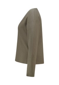 Olijfgroene top met lange mouwen van zachte, gestructureerde stof; heeft een losse pasvorm en een eenvoudig, strak ontwerp zonder versieringen.
