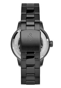 Orologio in acciaio inox nero con finitura lucida e spazzolata. Caratterizzato da un bracciale a maglia e da una cassa rotonda. Logo distintivo sulla chiusura.