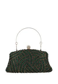 Zöld gyöngyös alkalmi táska díszes mintákkal, arany részletekkel, fedő kristálycsattal és ezüst fogantyúval. Texturált felület élénk díszítésekkel.