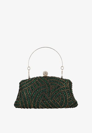 Bolso clutch de cuentas verdes con patrones intrincados, acentos dorados, un cierre superior de cristal y un asa plateada. Superficie texturizada con adornos vibrantes.