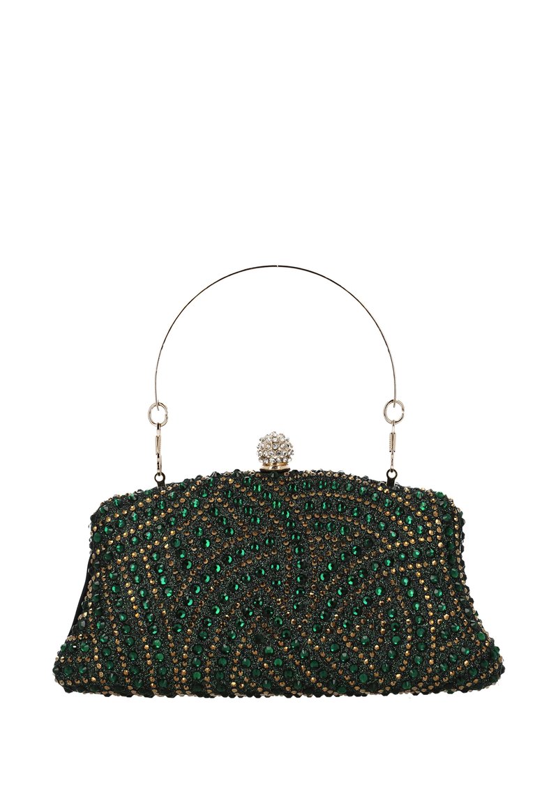 Zöld gyöngyös alkalmi táska díszes mintákkal, arany részletekkel, fedő kristálycsattal és ezüst fogantyúval. Texturált felület élénk díszítésekkel.