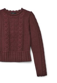 Maglione lavorato a maglia color marrone bordeaux, con un motivo testurizzato di pom pom e disegni floreali, bordo a coste e scollatura a merletto.