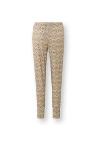 Gemusterde broek met een elastische tailleband, met een beige achtergrond versierd met bloemmotieven in blauw en rode tinten.