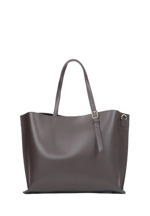 Gray leather tote bag with two long handles, a smooth surface, and a buckle detail on one handle. Minimalist design and spacious interior.