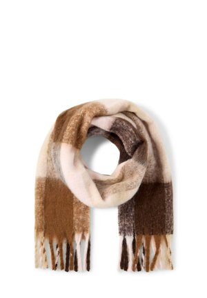 Weicher Wollschal mit großem Karomuster in Brauntönen, Beige und Creme, mit Fransen an den Enden.