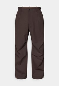 Brown trousers made of a smooth fabric, featuring a straight-leg design, front pleats, a button closure, and belt loops.