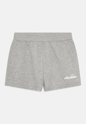 Grå bomullsshorts med en jevn tekstur, elastisk linning og en liten hvit logo nederst til høyre. Enkel design, ingen mønstre.