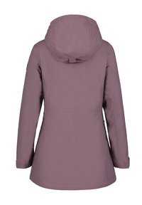 Lila vattentät jacka med huva, slät yta, längd till mitten av låren, justerbara manschetter och en rak baksida utan synliga detaljer.