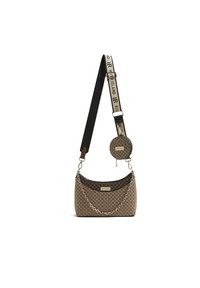 Hnědá taška přes rameno s vzorem, vybavená řetízkovým popruhem, která obsahuje odnímatelnou kulatou kapsičku a pruhovaný nastavitelný popruh.