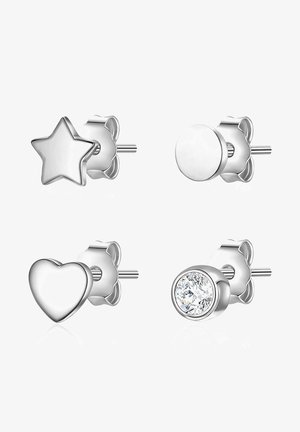 Orecchini a bottone in argento con una stella, un disco semplice, un cuore e una pietra preziosa trasparente, ognuno con forme e texture lisce diverse.