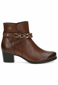 Bota de cuero marrón hasta el tobillo con un tacón bajo en bloque, que presenta un detalle de correa de cadena alrededor del tobillo y un acabado suave y brillante.