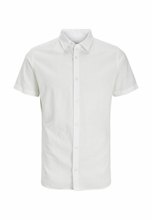 Weißes kurzärmeliges Hemd mit Knöpfen, graue gerade geschnittene Hose und schwarze Schnürschuhe. Der Stoff wirkt glatt und ohne sichtbare Muster.