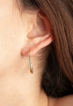 Boucles d'oreilles en or en forme de créoles, ornées de petits cristaux transparents, avec un design mince et une légère courbe, portées sur une oreille près de cheveux bruns.
