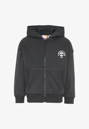 Ciemnoszara bluza z kapturem na zamek, wykonana z miękkiej tkaniny, z kieszenią kangurka, ściągaczami na rękawach oraz okrągłym logo Timberland na piersi.