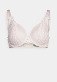 Lace-trimmed light pink bra with molded cups and adjustable straps, featuring floral patterns and a smooth satin finish.